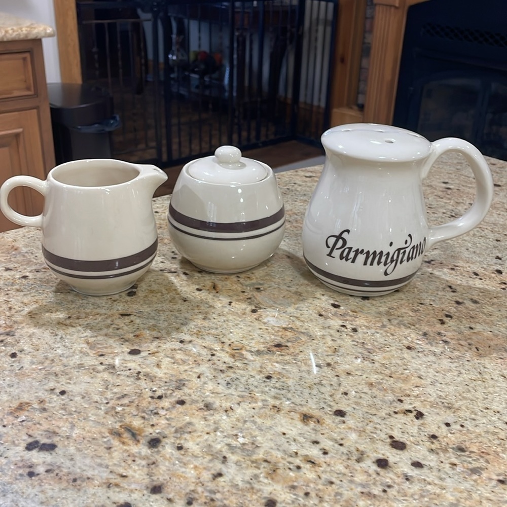 McCoy vintage cream, sugar & parmigiana 1979 brown and cream striped pottery set